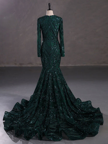 Emerald Green Sexy Fitted Mermaid Wedding Dress Bridal Gown Long Sleeve High Collar Plunge Neckline Closed Covered Back Sequin Fabric