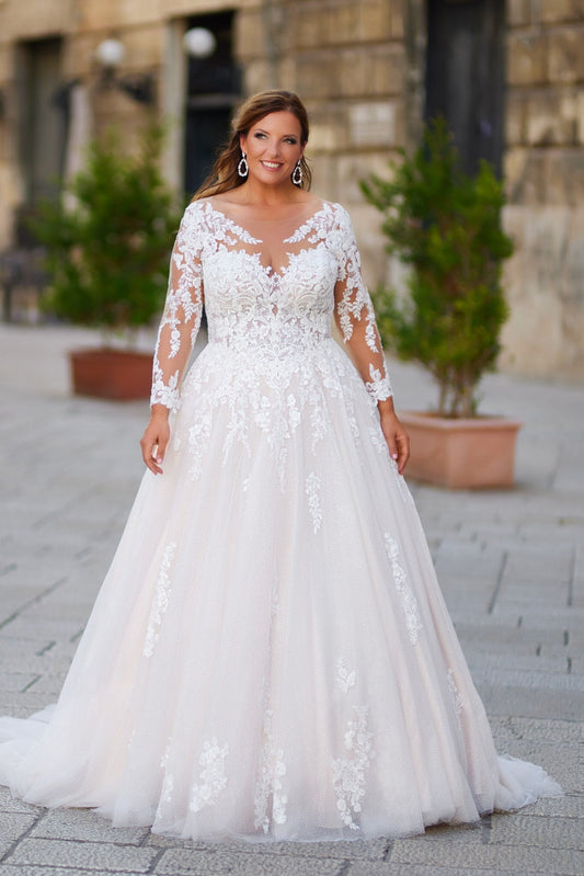 Luxurious Elegant Aline Wedding Dress Bridal Gown Illusion Lace Neckline Long Sleeves Corset Back Plus Size Tattoo Lace Full Tulle Skirt