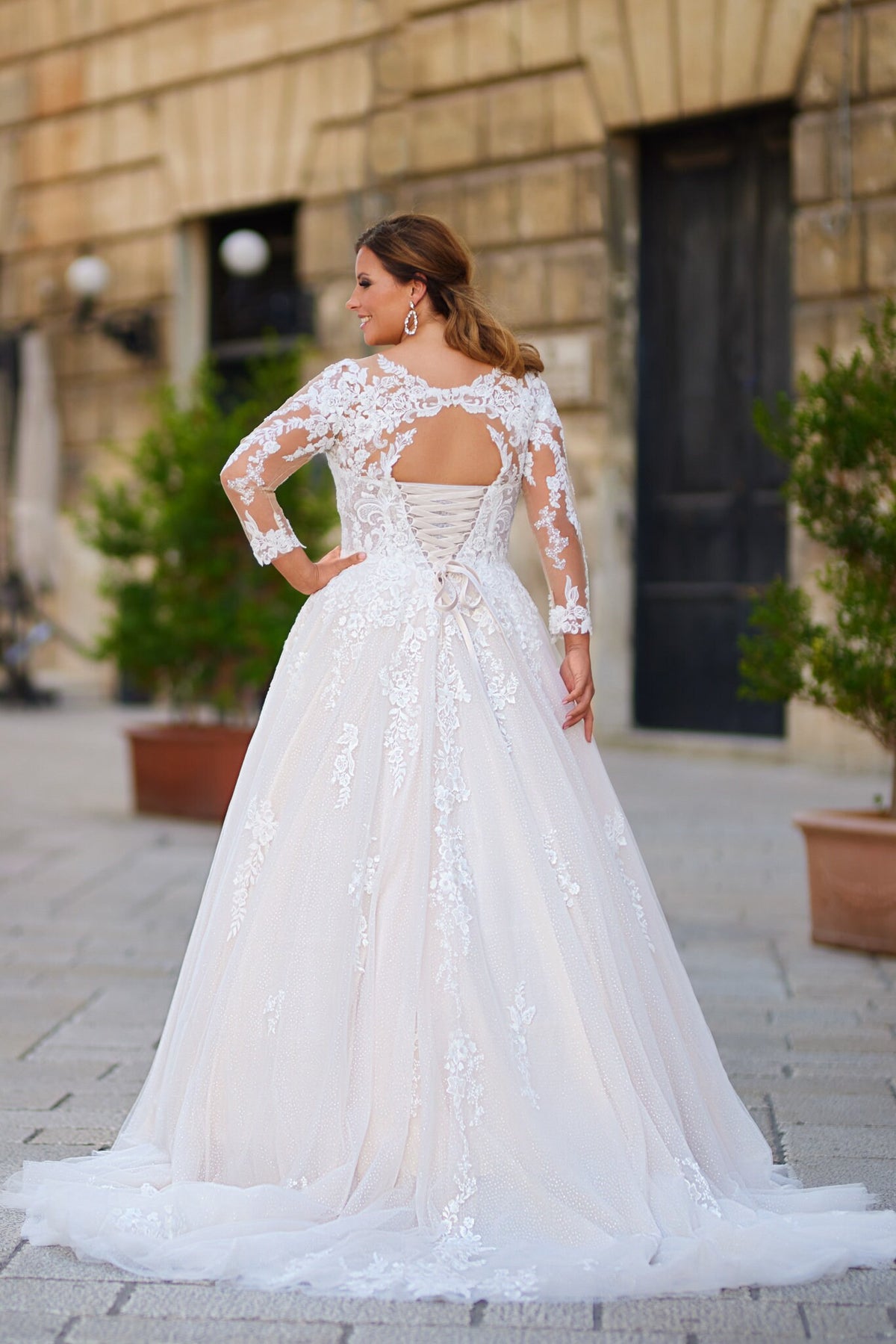 Luxurious Elegant Aline Wedding Dress Bridal Gown Illusion Lace Neckline Long Sleeves Corset Back Plus Size Tattoo Lace Full Tulle Skirt