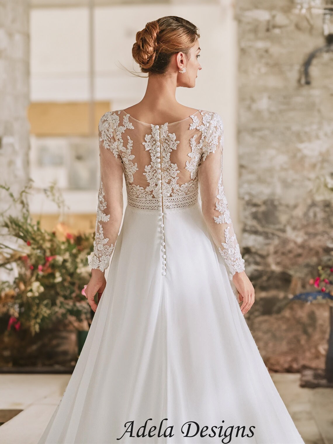 Emmy Long Sleeve A-Line Chiffon Wedding Dress Lace Back A & M Enterprises Bridal Emmy Long Sleeve A-Line Chiffon Wedding Dress Lace Back A & M Enterprises Bridal