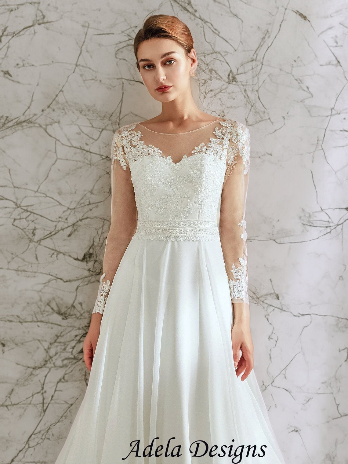 Emmy Long Sleeve A-Line Chiffon Wedding Dress Lace Back – A & M Enterprises Bridal