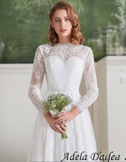 Simple Classic Long Sleeves All Over Lace Boho Wedding Dress Bridal Gown Aline Vintage Style