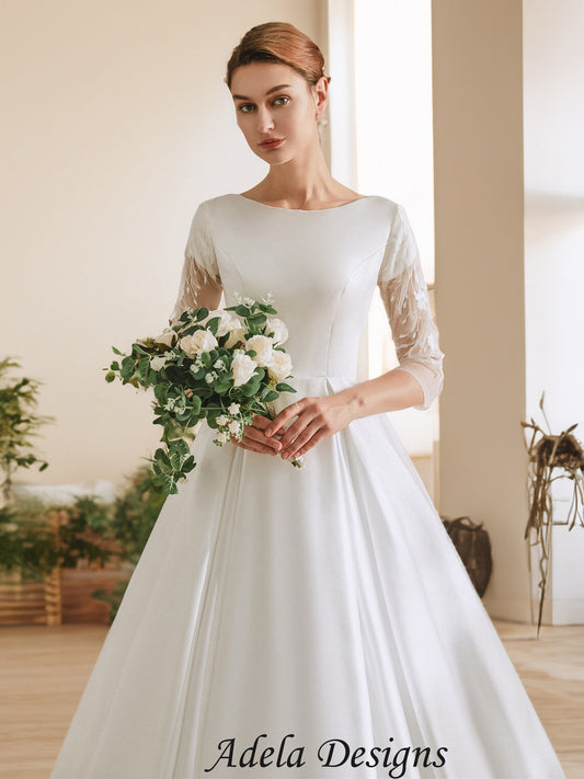 Modest Satin Wedding Dress Bridal Gown With Sheer Lace Sleeves Pockets 3 Quarter Sleeves Buttons High Back ALine