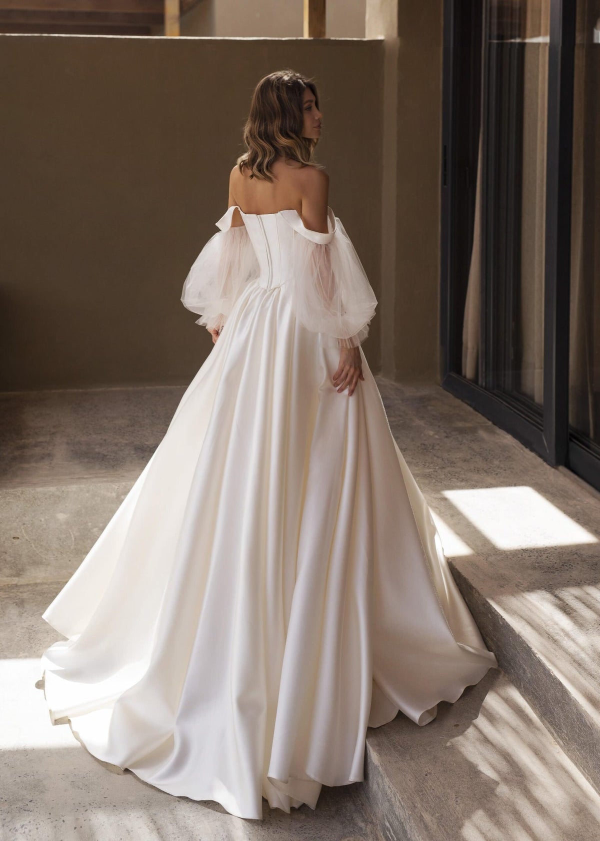 Aline Vintage Style Satin Wedding Dress, Long Off The Shoulder Puff Sleeve Dress Open Back Wedding Dress Bridal Gown Modern Design Train