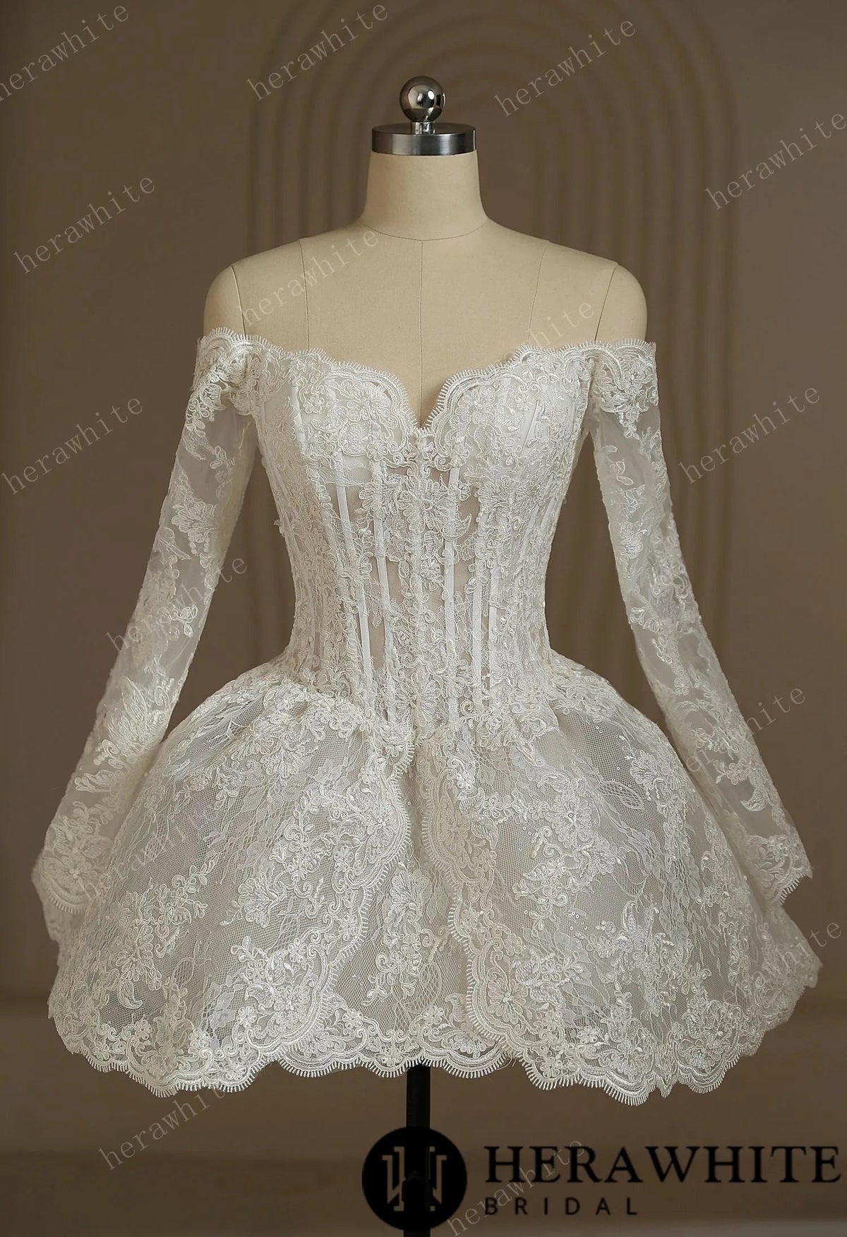 Mini Midi Short Wedding Dress Reception Dress Sparkle Off the Shoulder Romantic Style All Over Lace Long Sleeve Engagement Dress