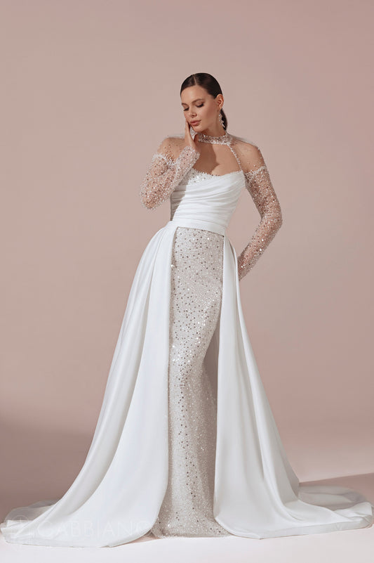 Unique Design Detachable Sleeves and Collar Strapless Wedding Dress Bridal Gown Side Slit Pleated Design Detachable Train Sequin Dress