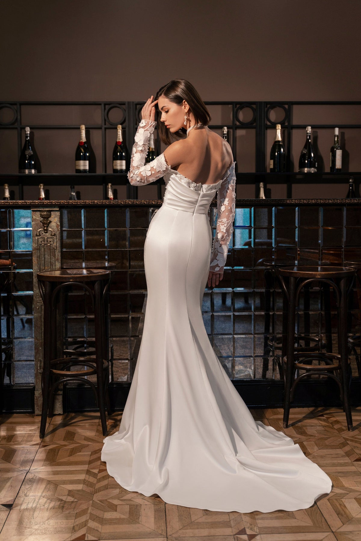 Unique Floral Lace Sleeves Strapless Off the Shoulder Wedding Dress Bridal Gown Gathered Waist Detachable Train Minimalist Design