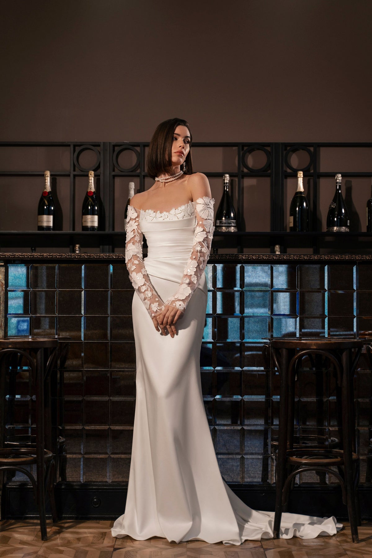 Unique Floral Lace Sleeves Strapless Off the Shoulder Wedding Dress Bridal Gown Gathered Waist Detachable Train Minimalist Design