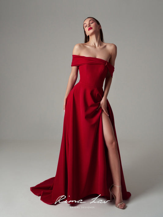 Beautiful Minimalist Off the Shoulder Neckline Aline Red Wedding Dress Bridal Gowns Plus Size Train Simple Classic Design Side Slit Corset