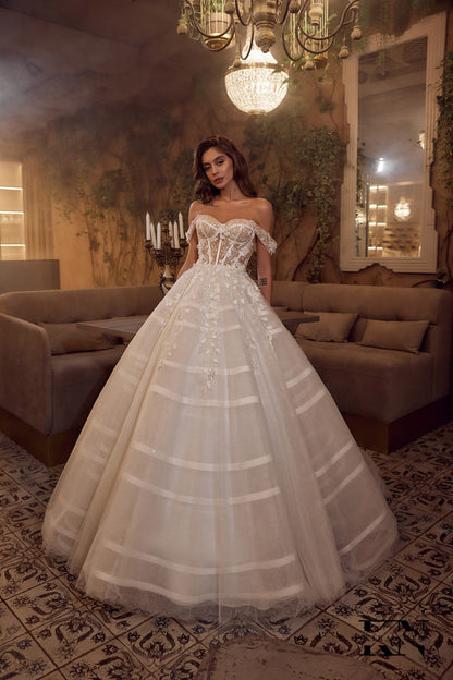 Unique Ball Gown Wedding Dress Bustier Bodice Off the Shoulder Sleeves Sweetheart Neckline Corset Top Sparkle Bridal Gown Open Back Lace