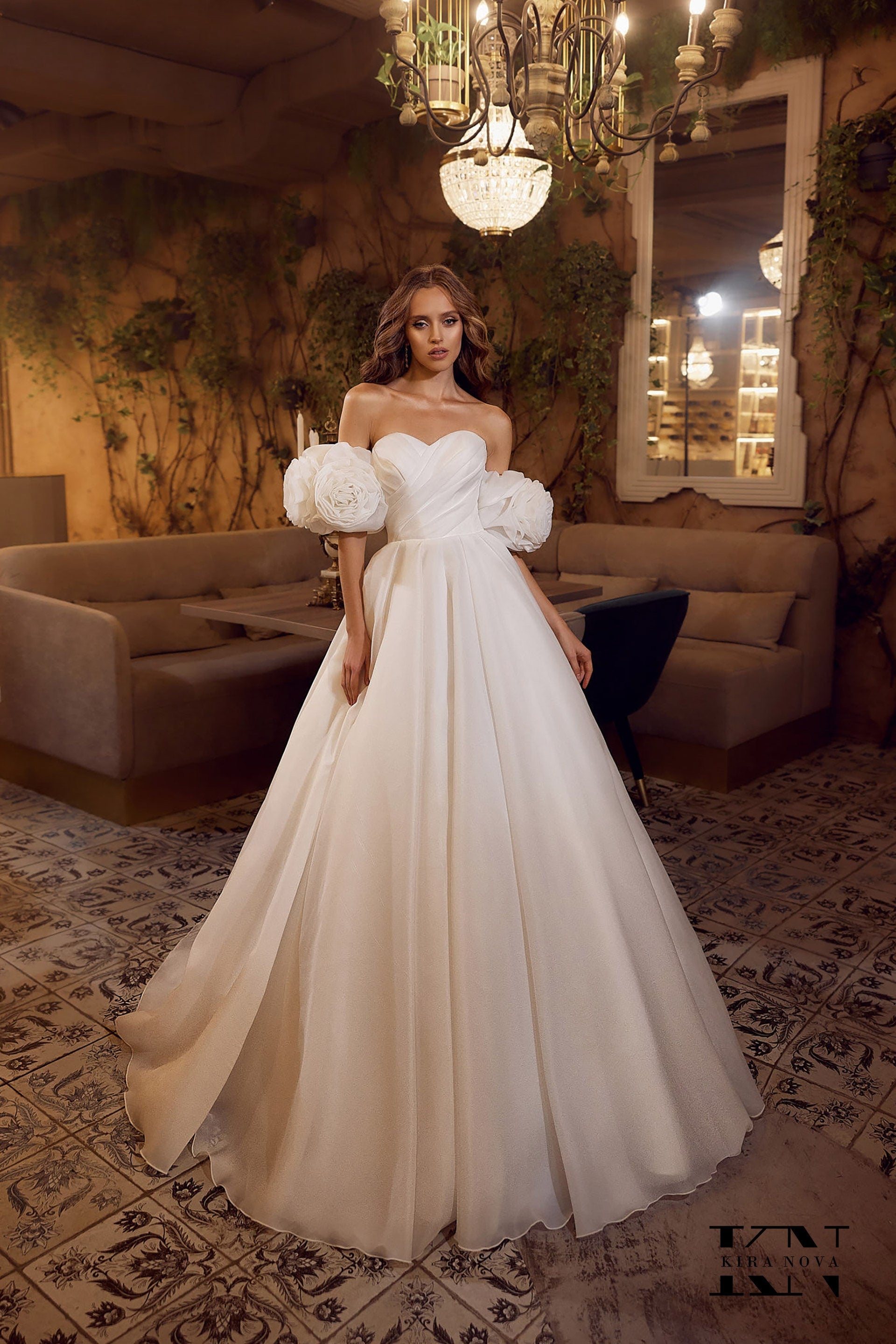 Classic Ball Gown Wedding Dress Gathered Waist Bodice Off the Shoulder Rose Puff Sleeves Sweetheart Neckline Minimalist Bridal Gown