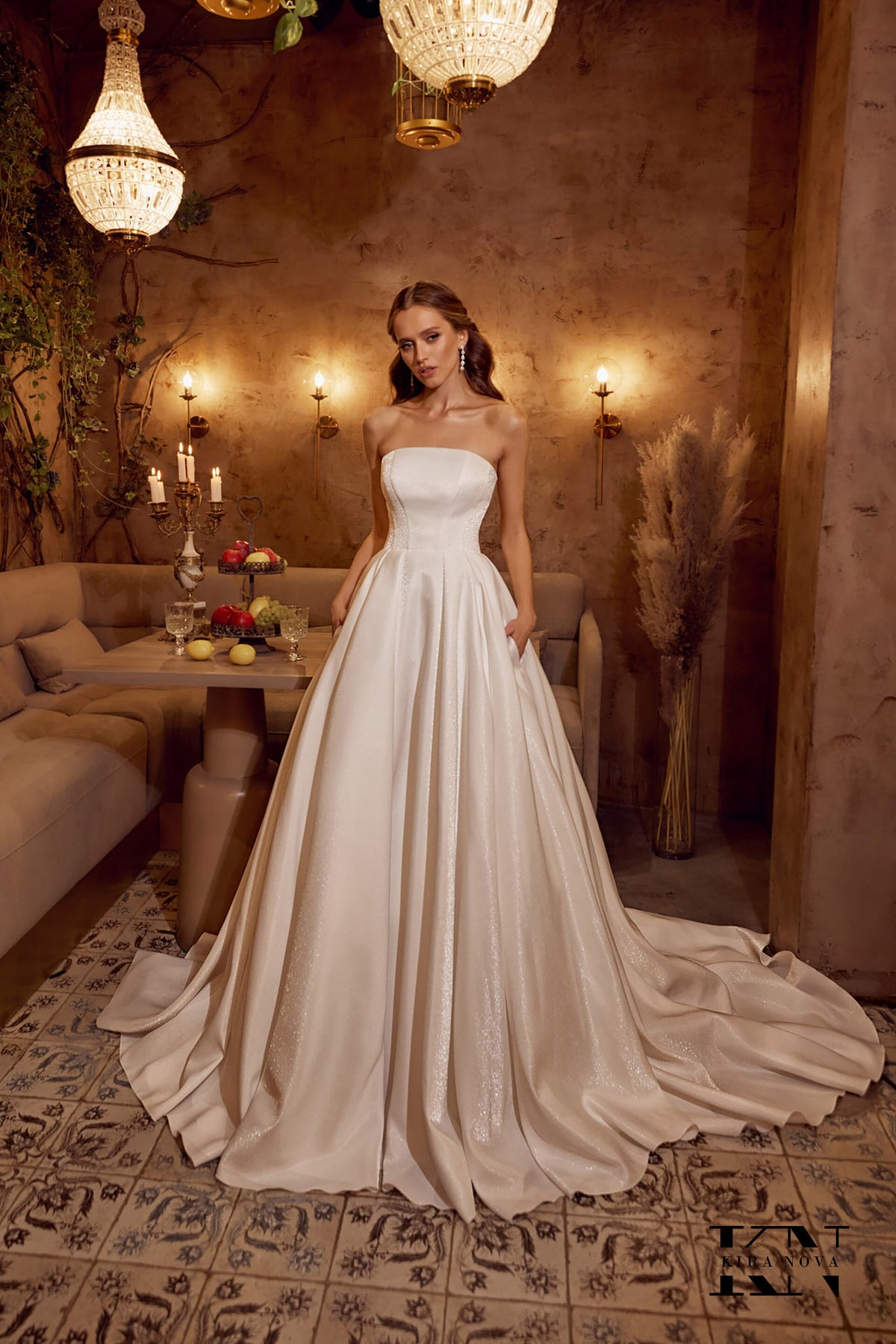 Classic Ball Gown Wedding Dress Detachable Off the Shoulder Ruffle Straight Neckline Minimalist Bridal Gown Sparkle Shimmer Fabric Pockets