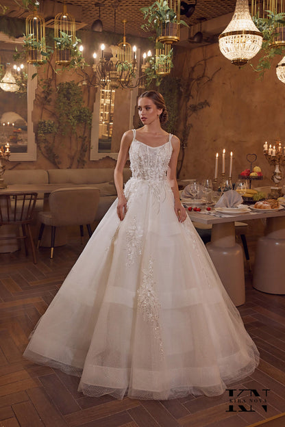 Unique Ball Gown Wedding Dress Sleeveless with Straps Slight V Neckline 3D Floral Design Sparkle Bridal Gown Open Back Lace