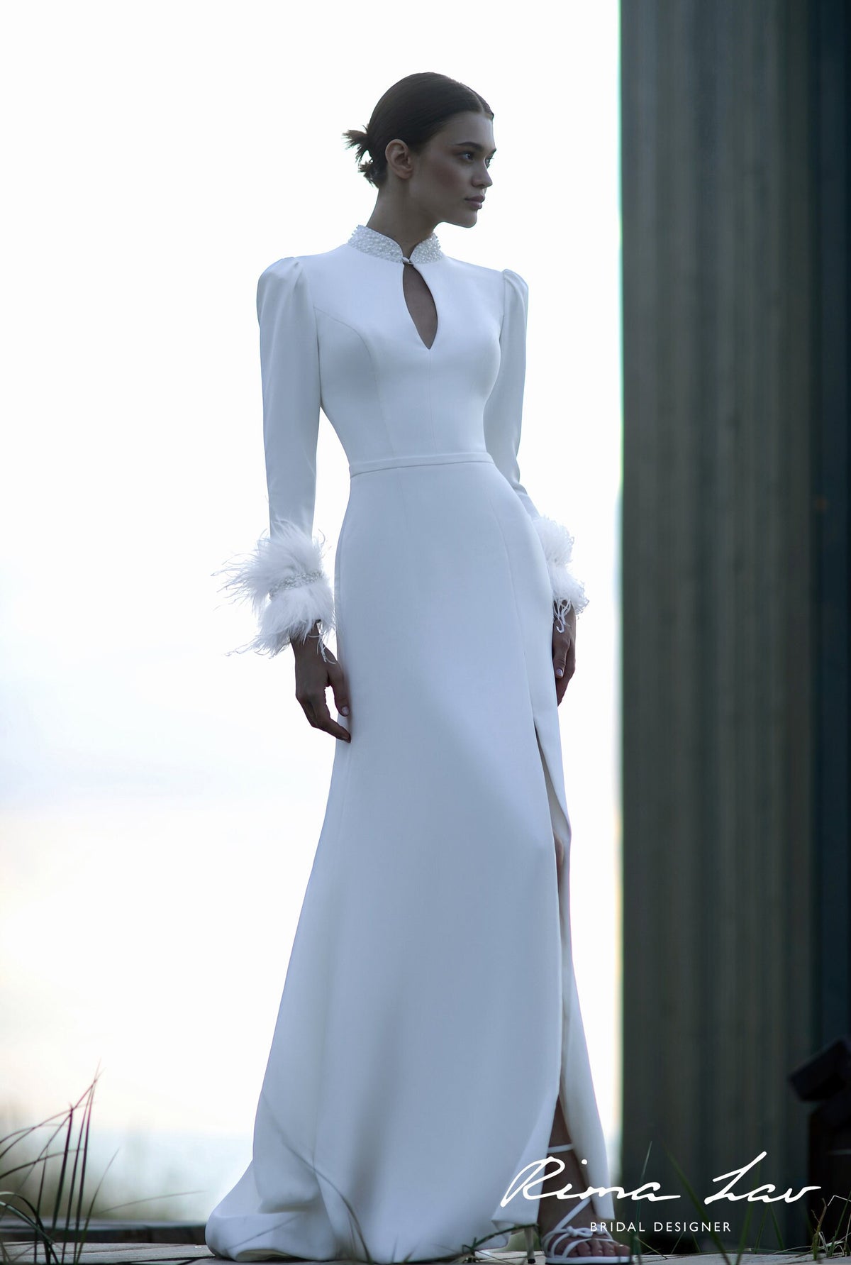 Custom High Neckline Minimalist Sheath Long Sleeve Modest Closed Back Wedding Dress Bridal Gown Ivory Feathers at Cuffs Side Slit