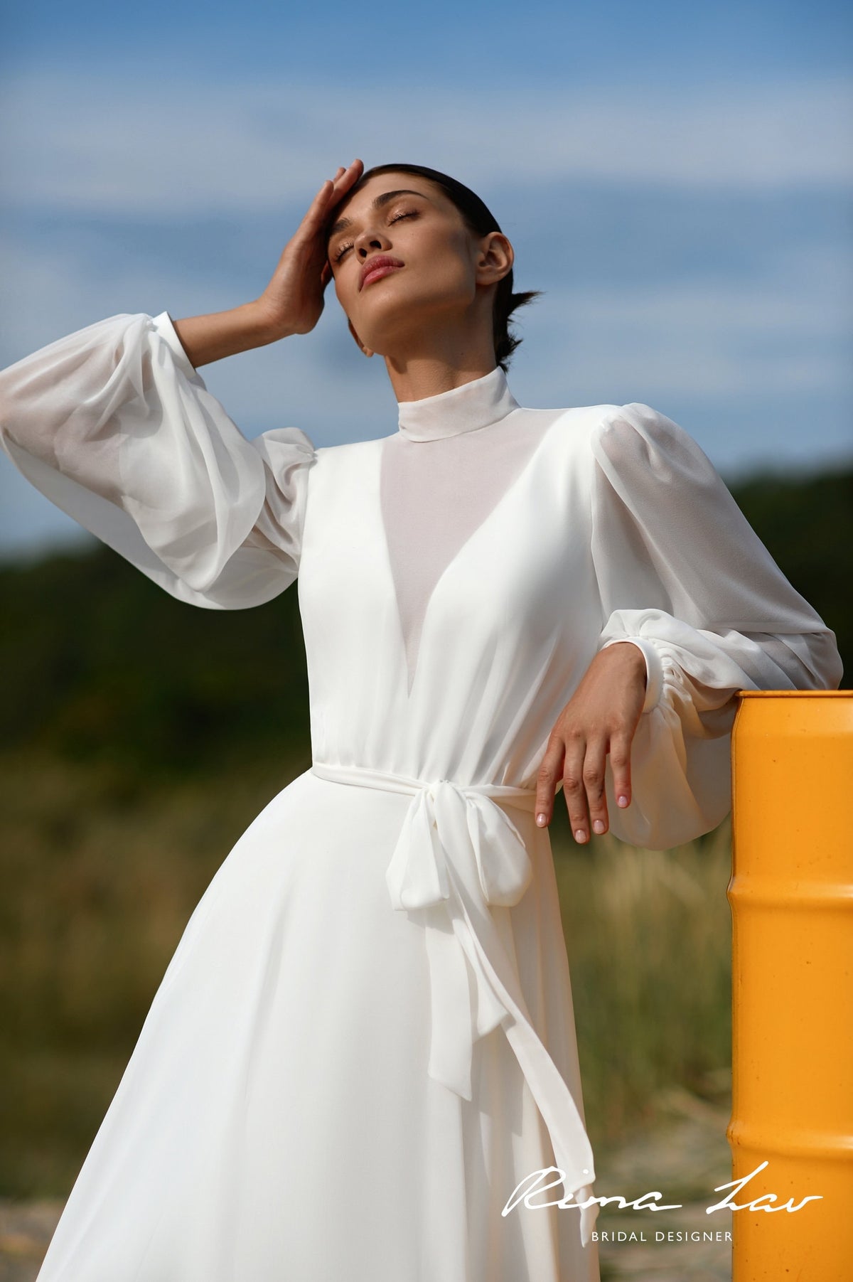 Custom High Neckline Minimalist Aline Long Sleeve Modest Chiffon Wedding Dress Bridal Gown Ivory Bishop Sleeve Flowy Design