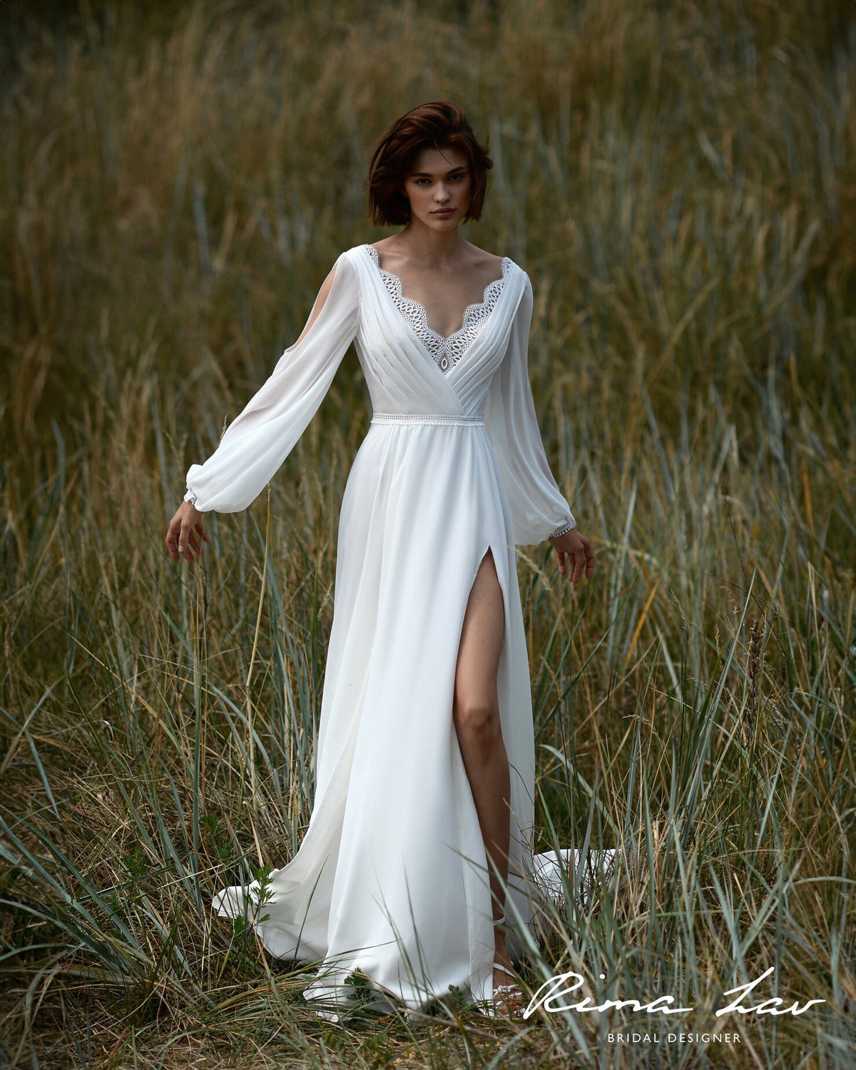 Custom Size Boho V Neckline Minimalist Aline Long Sleeve Chiffon Wedding Dress Bridal Gown Ivory Bishop Sleeve Flowy Design Open Back Slits