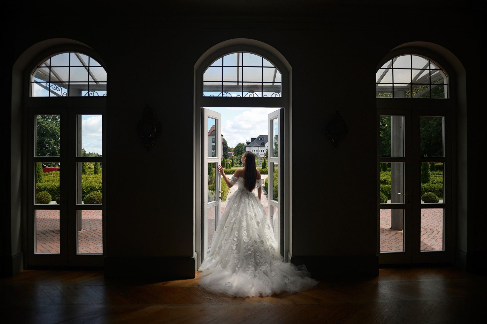 Floral Lace Boho Off The Shoulder Neckline Full Aline Wedding Dress Bridal Gown Ivory Large Flowers Flowy Design Open Back 3D Flowers