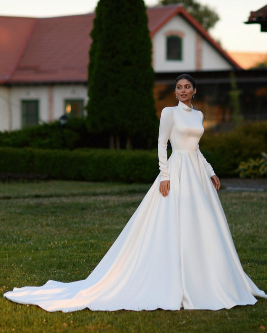 Modest Satin High Collar Neckline Full Aline Wedding Dress Bridal Gown Ivory Long Sleeve Covered Back Minimalist Style with Train