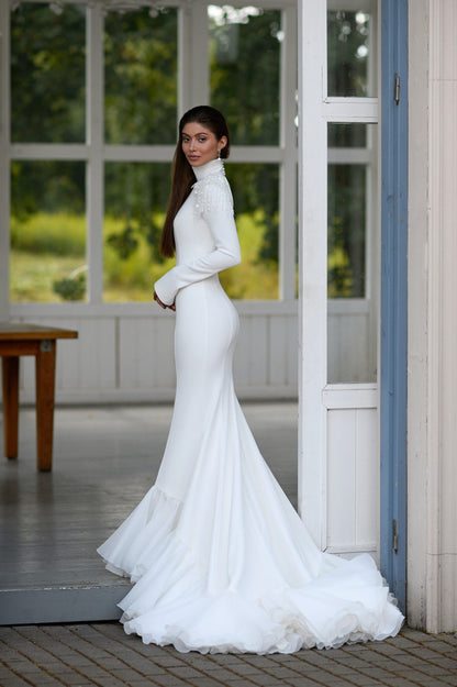 Modest Fitted High Collar Neckline Mermaid Wedding Dress Bridal Gown Ivory Long Sleeve Open Back Minimalist Style with Ruffle Hem Train