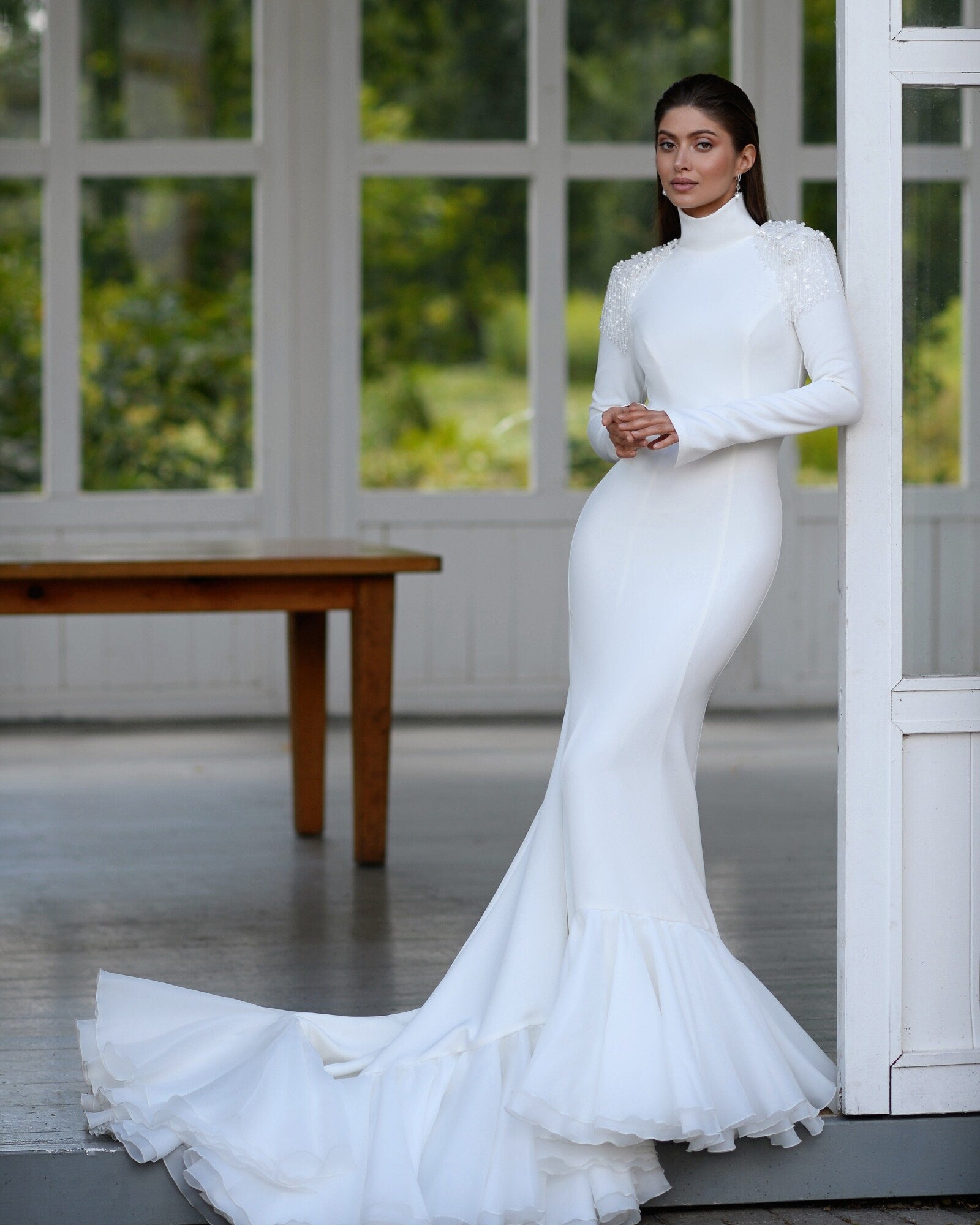 Modest Fitted High Collar Neckline Mermaid Wedding Dress Bridal Gown Ivory Long Sleeve Open Back Minimalist Style with Ruffle Hem Train