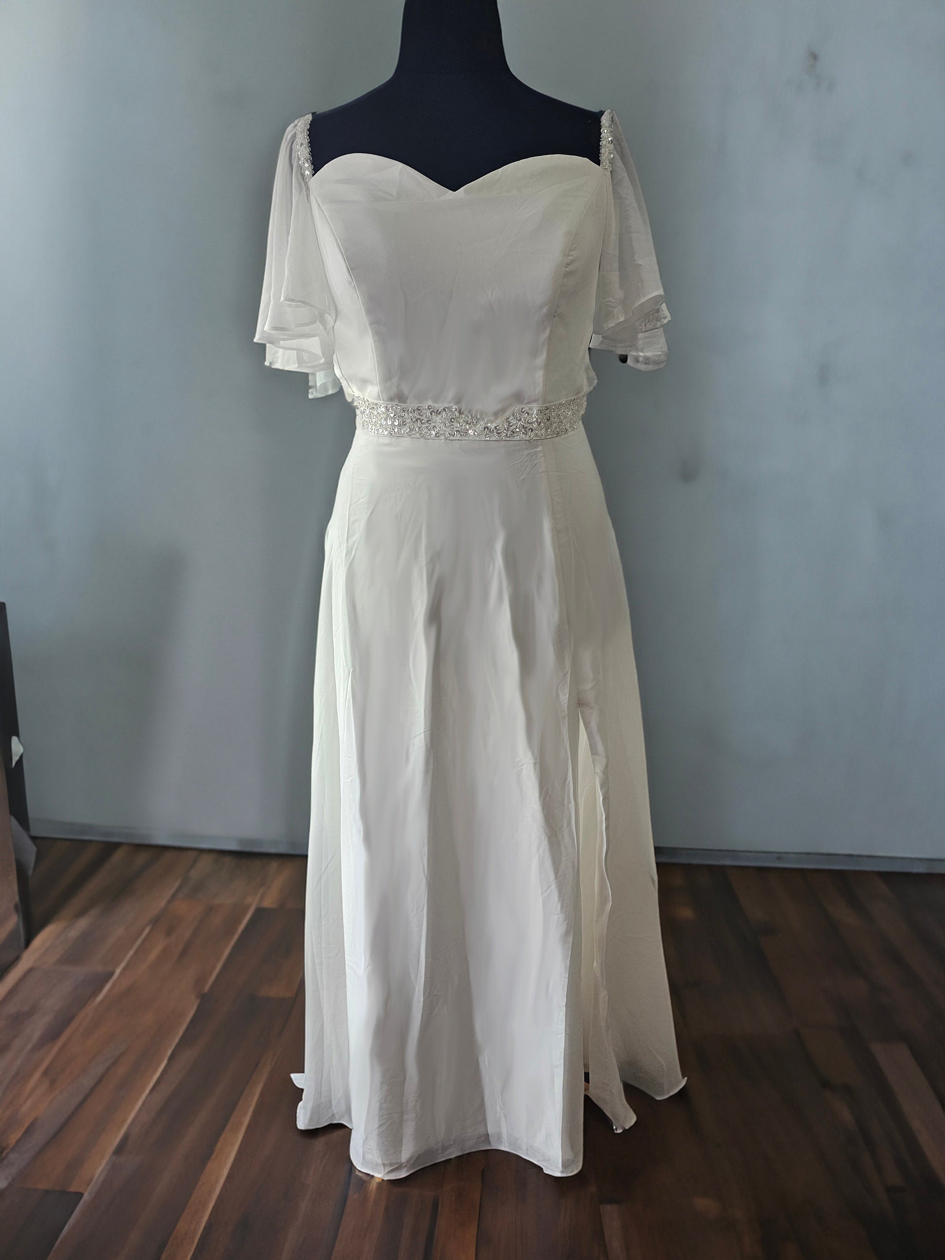 Short Flutter Sleeves Aline Wedding Dress Bridal Gown Sweetheart Neckline Chiffon Dress Flowy Light Weight Side Slit