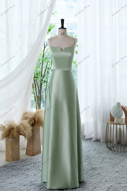 Soft Satin Bridesmaid Dress with Lace 3-D Leaves Illusion Back Slight V Front Sleeveless with Straps Floor Length Formal Dress Gala