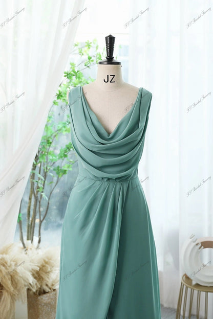 Chiffon A Line Split Bridesmaid Dress With Cowl Front Gathered Waist Formal Dress Sleeveless Front Slit Short Train