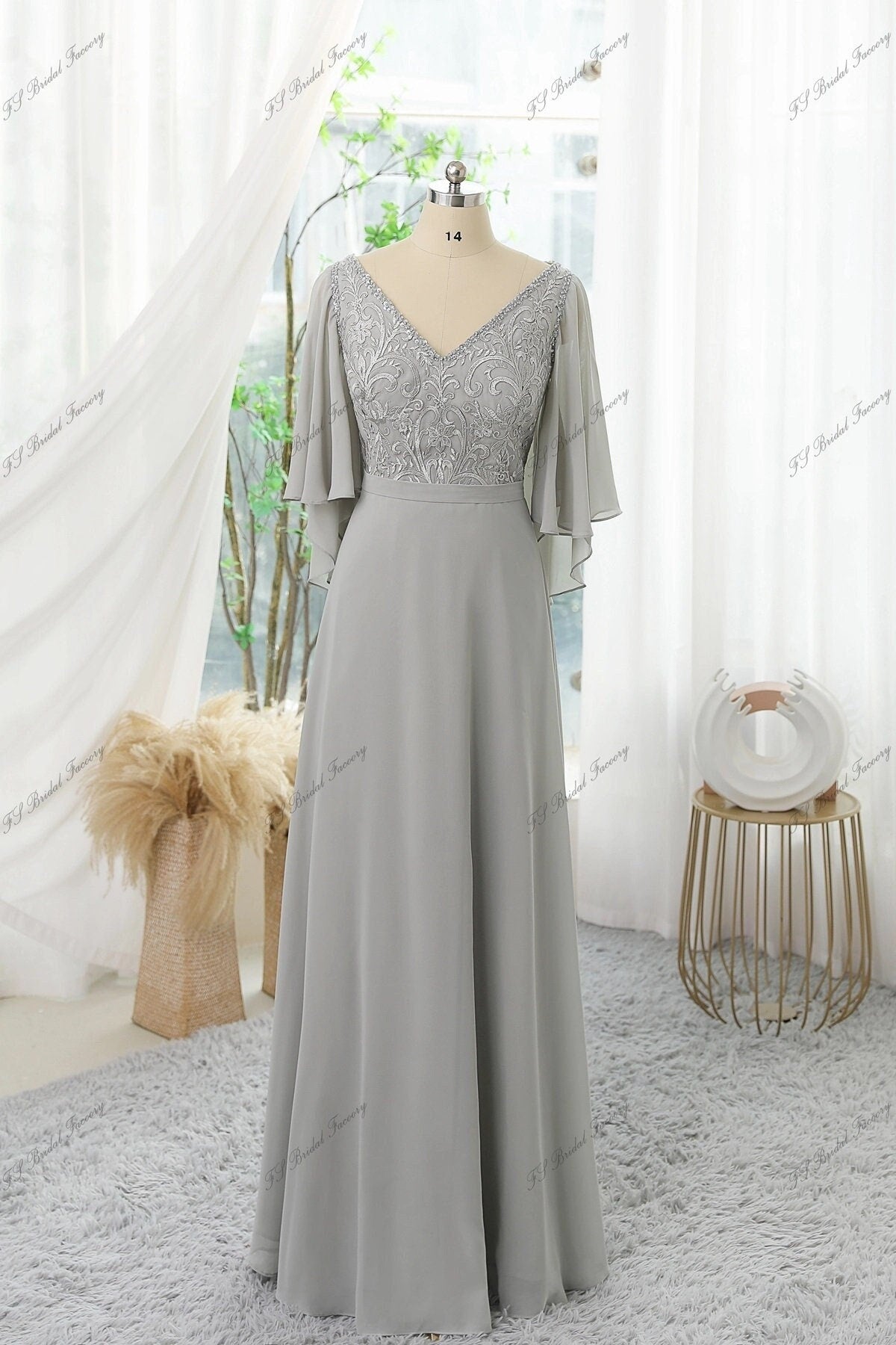 Chiffon Mother Of Bride Dress With Ruffled Sleeves, V-neck And Floral Appliques Short Sleeve Flutter Sleeve V Neckline Floor Length Classic