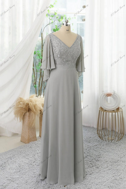 Chiffon Mother Of Bride Dress With Ruffled Sleeves, V-neck And Floral Appliques Short Sleeve Flutter Sleeve V Neckline Floor Length Classic