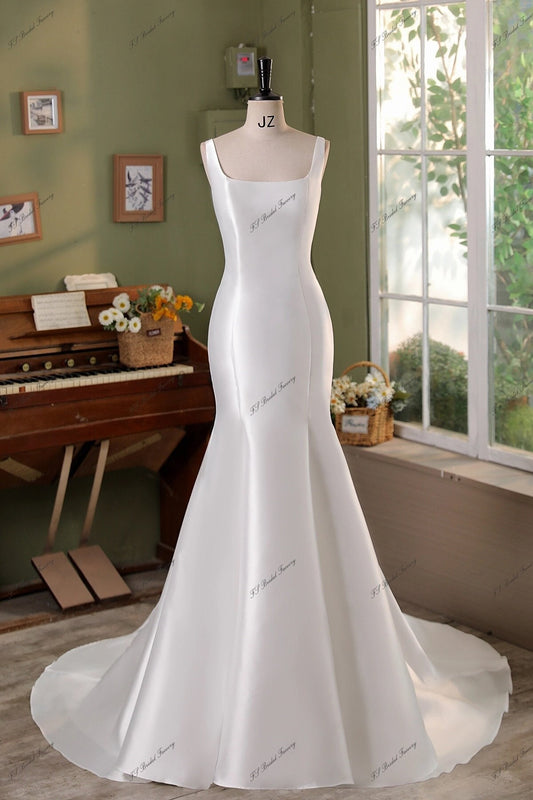 Simple Mikado Mermaid Bridal Dress Wedding Gown With Detachable Tie Back Bow Square Neckline with Train Sleeveless with Straps