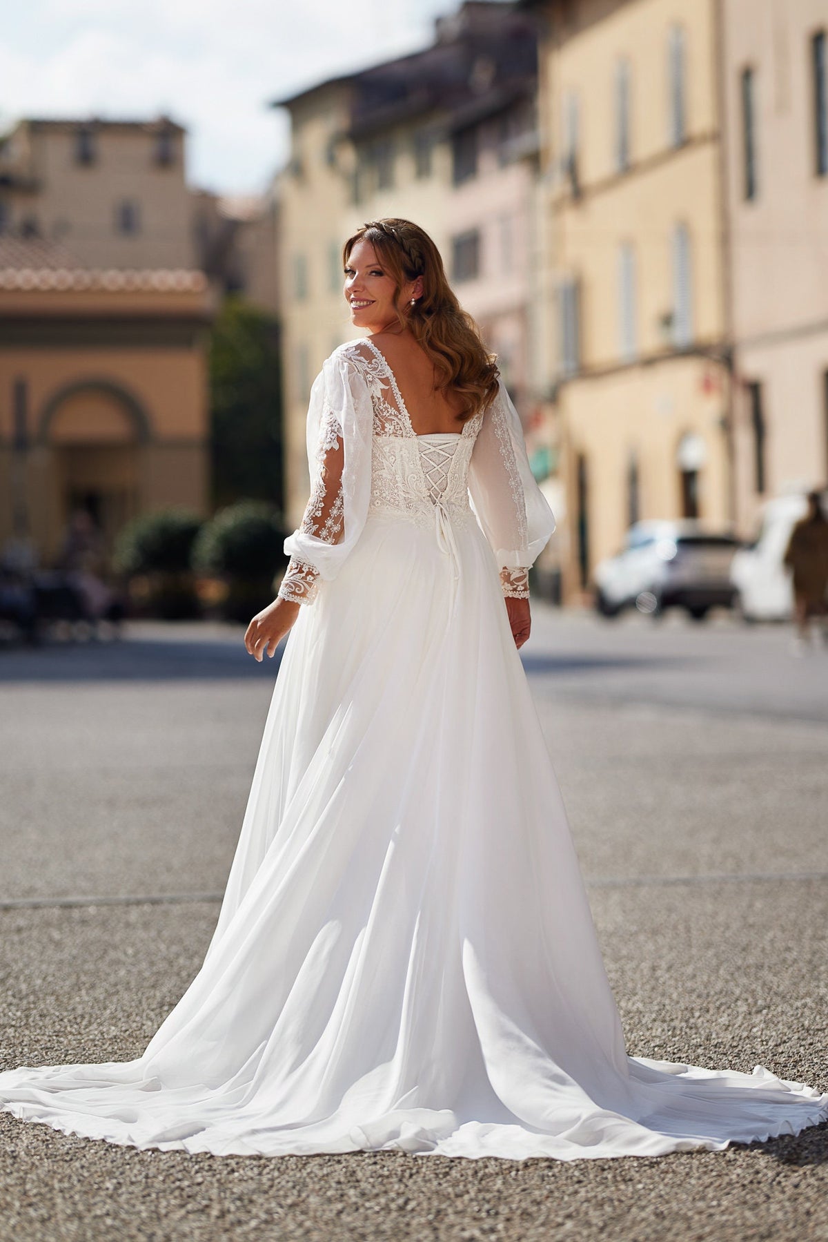 Modern Flowy Aline Wedding Dress Bridal Gown Illusion Lace V Neckline Long Sleeves Corset Back Chiffon Skirt with Train