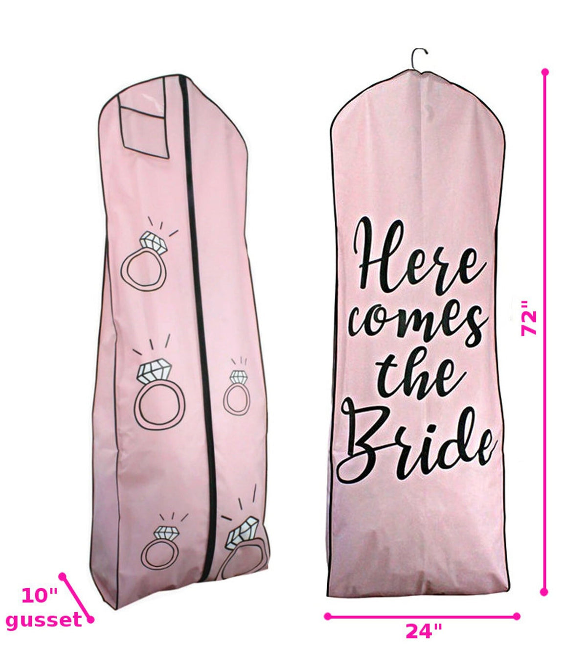 Breathable XL Here Comes the Bride Pink Garment Breathable Garment Bag - 24" x 72" x 10" Gusset Wedding Dress Bag Formal Dress Cover