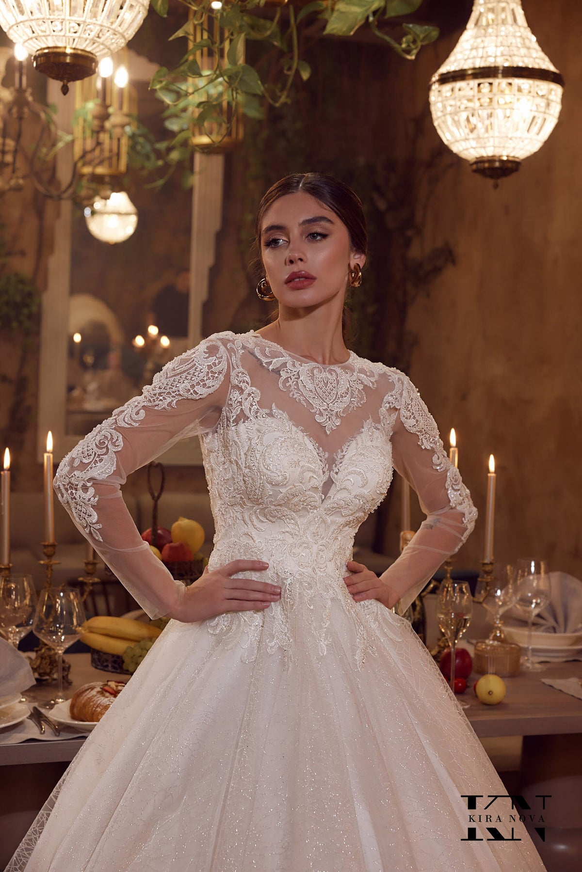 Classic Sparkle Ball Gown Wedding Dress Long Illusion Sleeves Sweetheart Neckline Luxury Bridal Gown Corset Keyhole Back