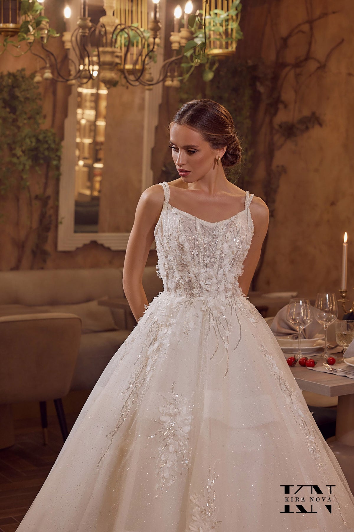 Unique Ball Gown Wedding Dress Sleeveless with Straps Slight V Neckline 3D Floral Design Sparkle Bridal Gown Open Back Lace