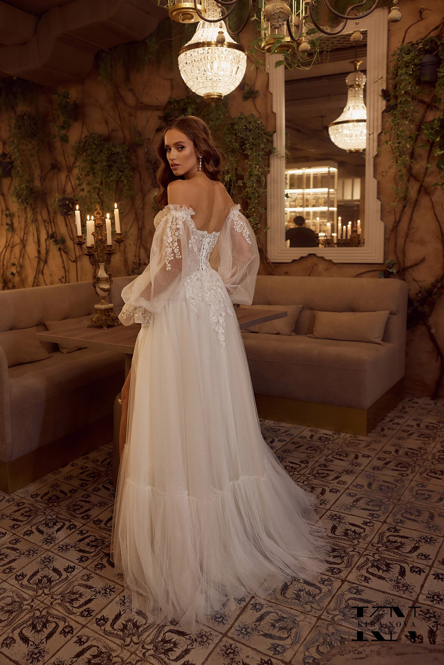 Classic Boho Aline Gown Wedding Dress Off the Shoulder Detachable Puff Sleeve Sweetheart Neckline Bridal Side Slit Floral Lace Backless