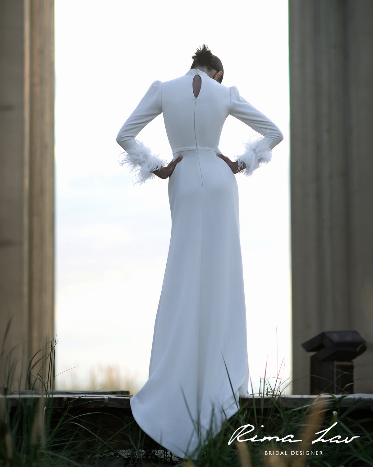 Custom High Neckline Minimalist Sheath Long Sleeve Modest Closed Back Wedding Dress Bridal Gown Ivory Feathers at Cuffs Side Slit