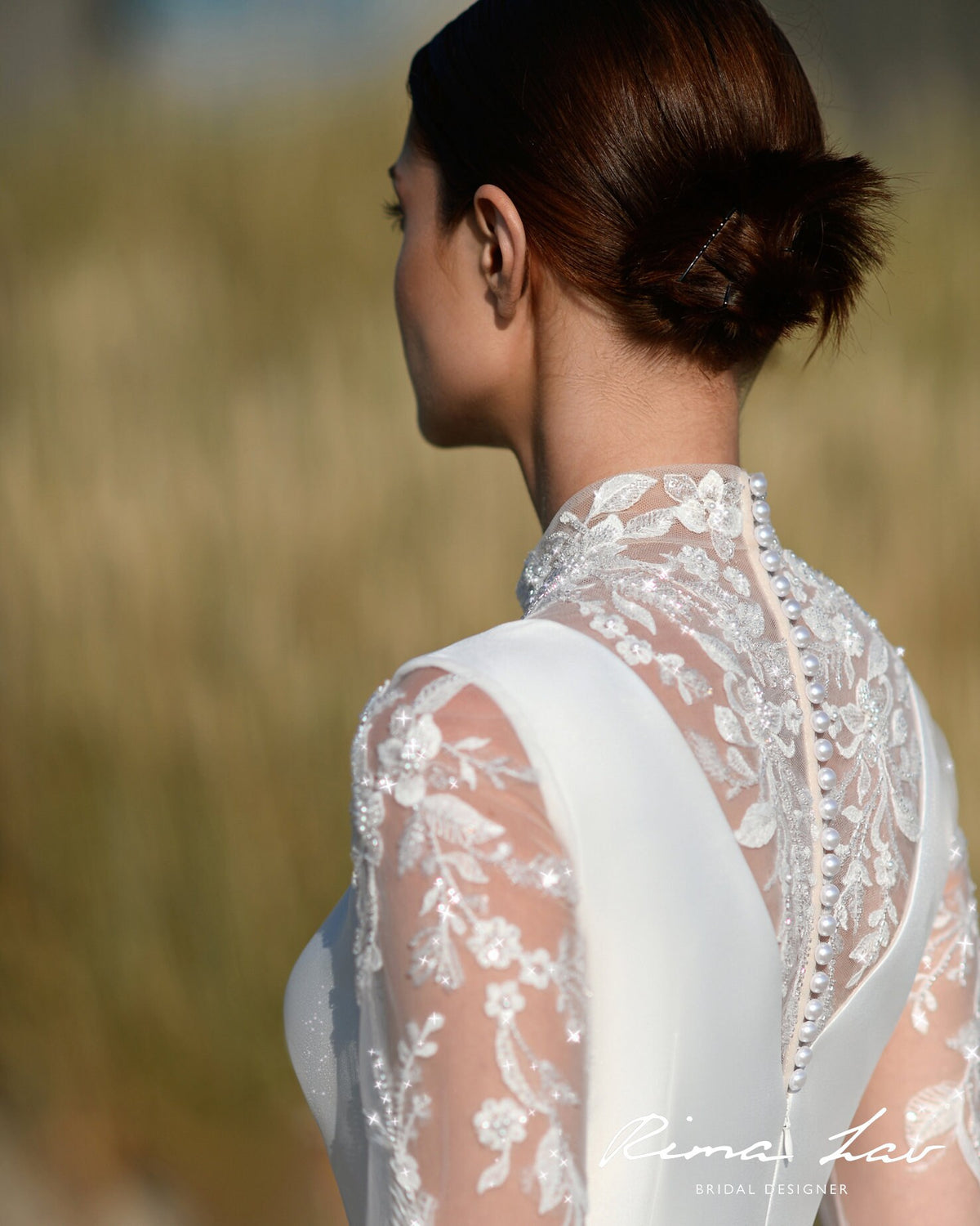 Custom High Neckline Minimalist Full Aline Long Sleeve Modest Illusion Lace Wedding Dress Bridal Gown Ivory Satin Design Button Back