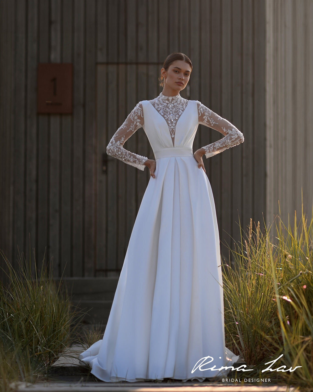 Custom High Neckline Minimalist Full Aline Long Sleeve Modest Illusion Lace Wedding Dress Bridal Gown Ivory Satin Design Button Back