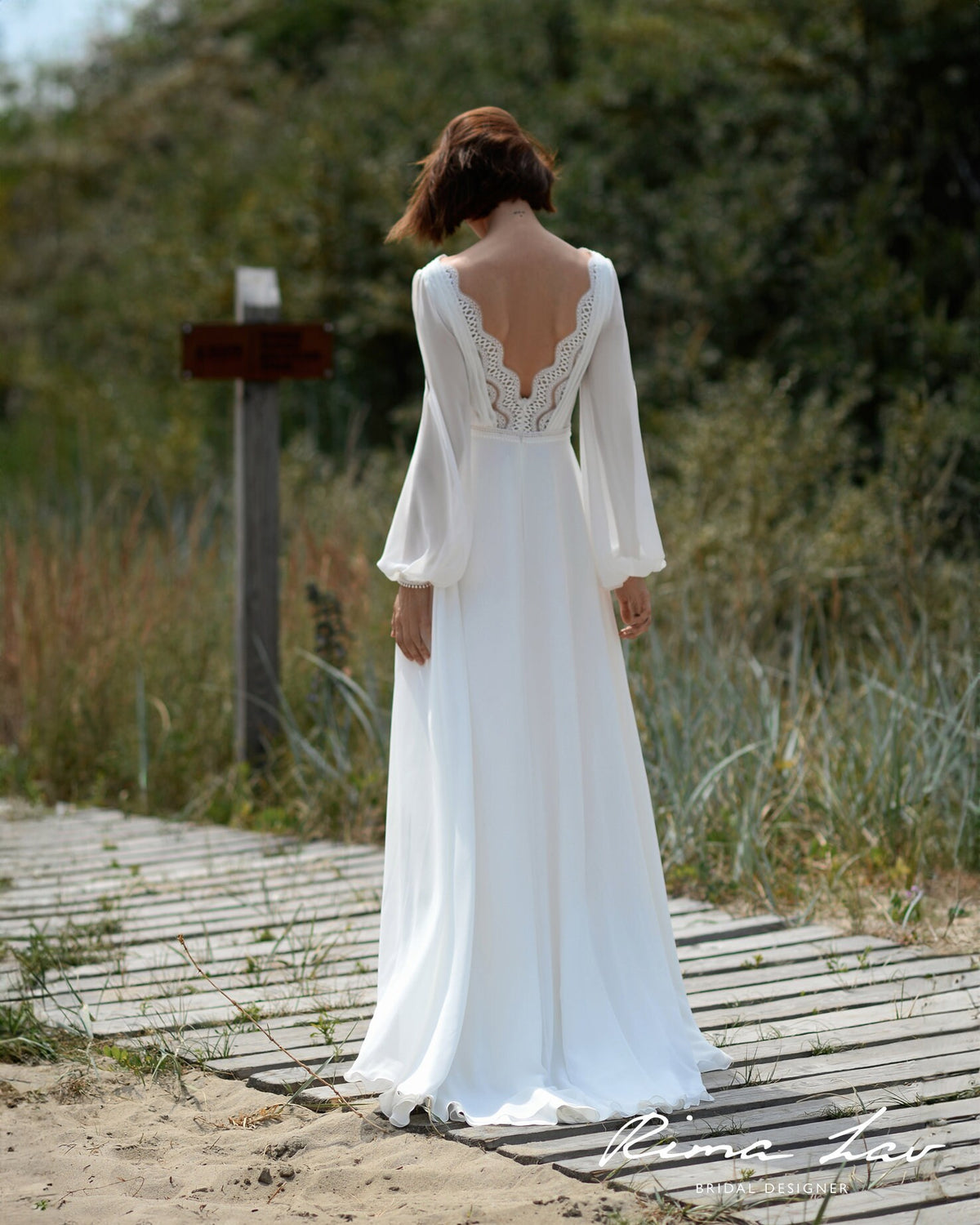 Custom Size Boho V Neckline Minimalist Aline Long Sleeve Chiffon Wedding Dress Bridal Gown Ivory Bishop Sleeve Flowy Design Open Back Slits