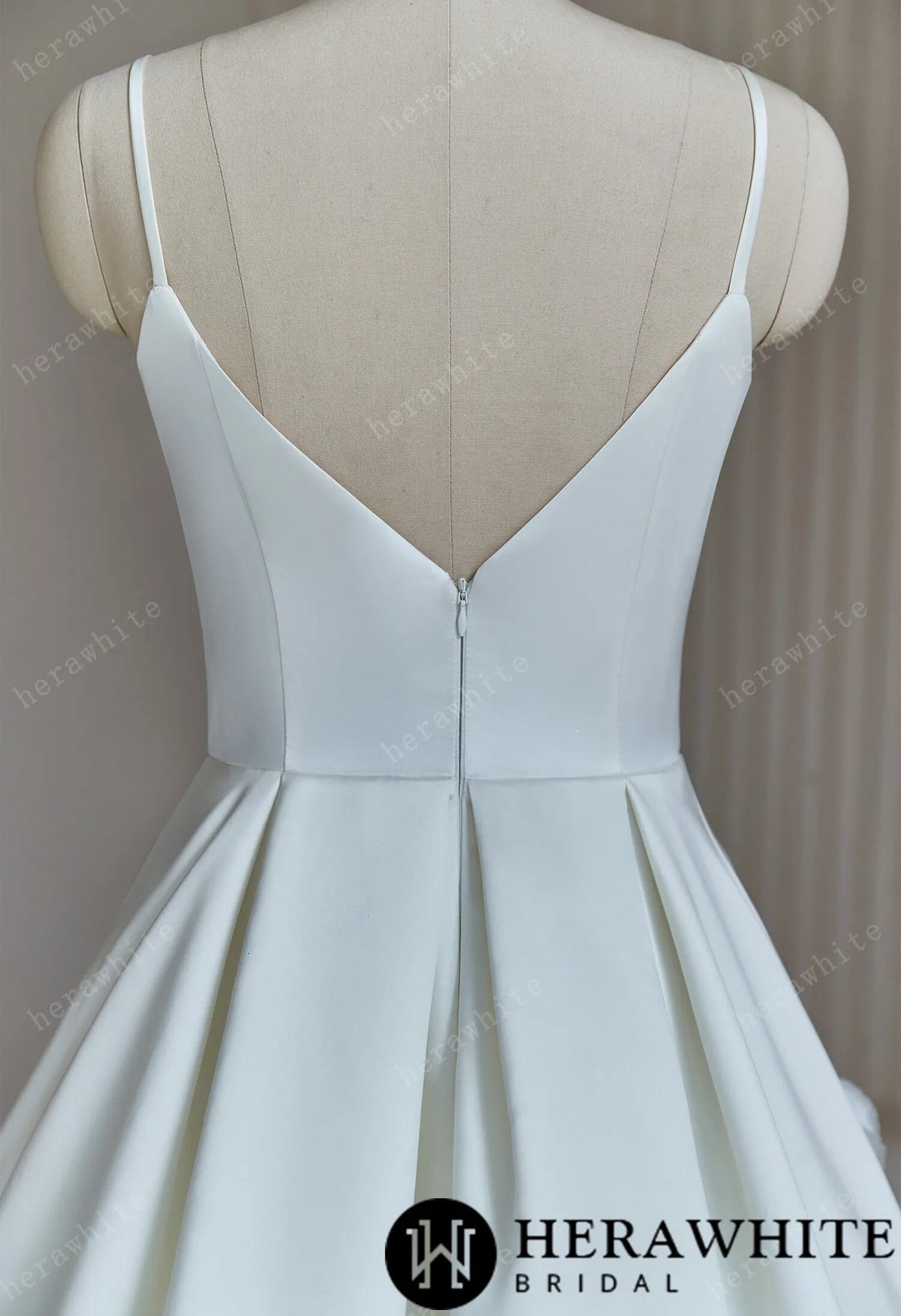 Sophisticated A-Line Wedding Dress With Spaghetti Straps Satin Bridal Gown Sleeveless V Neckline 3D Flower Details on Skirt