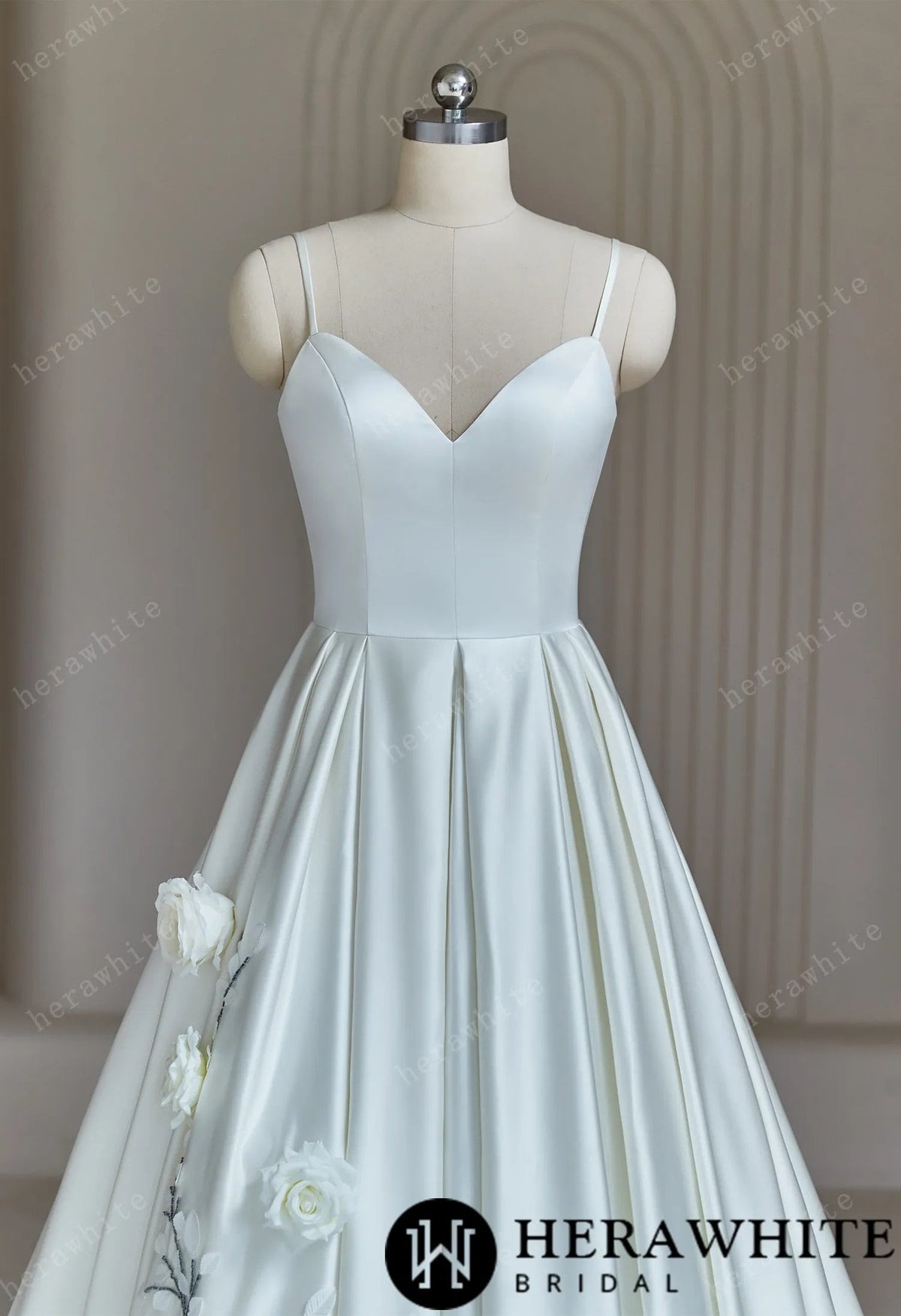 Sophisticated A-Line Wedding Dress With Spaghetti Straps Satin Bridal Gown Sleeveless V Neckline 3D Flower Details on Skirt