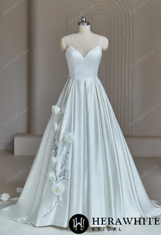 Sophisticated A-Line Wedding Dress With Spaghetti Straps Satin Bridal Gown Sleeveless V Neckline 3D Flower Details on Skirt