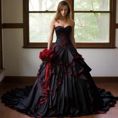 Unique Aline Black and Red Wedding Dress Bridal Gown Two Tone Dress Strapless Sweetheart Neckline Corset Back Handkerchief Skirt Tiered