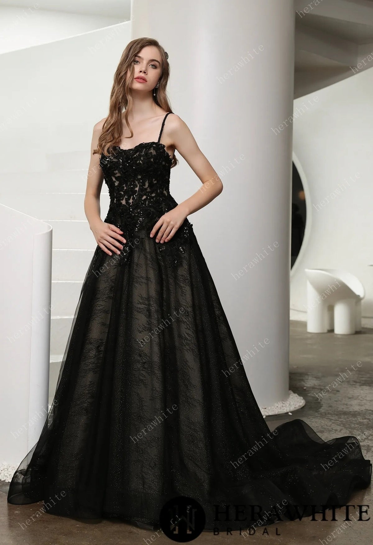 Gothic Black Illusion Lace Wedding Dress with Detachable Long Sleeves Aline Sparkle Dress Black and Nude Straps Sweetheart Neckline