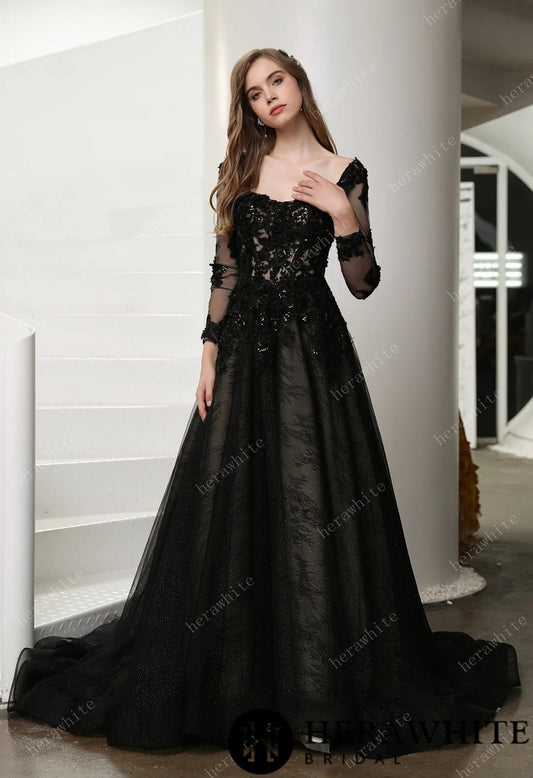 Gothic Black Illusion Lace Wedding Dress with Detachable Long Sleeves Aline Sparkle Dress Black and Nude Straps Sweetheart Neckline