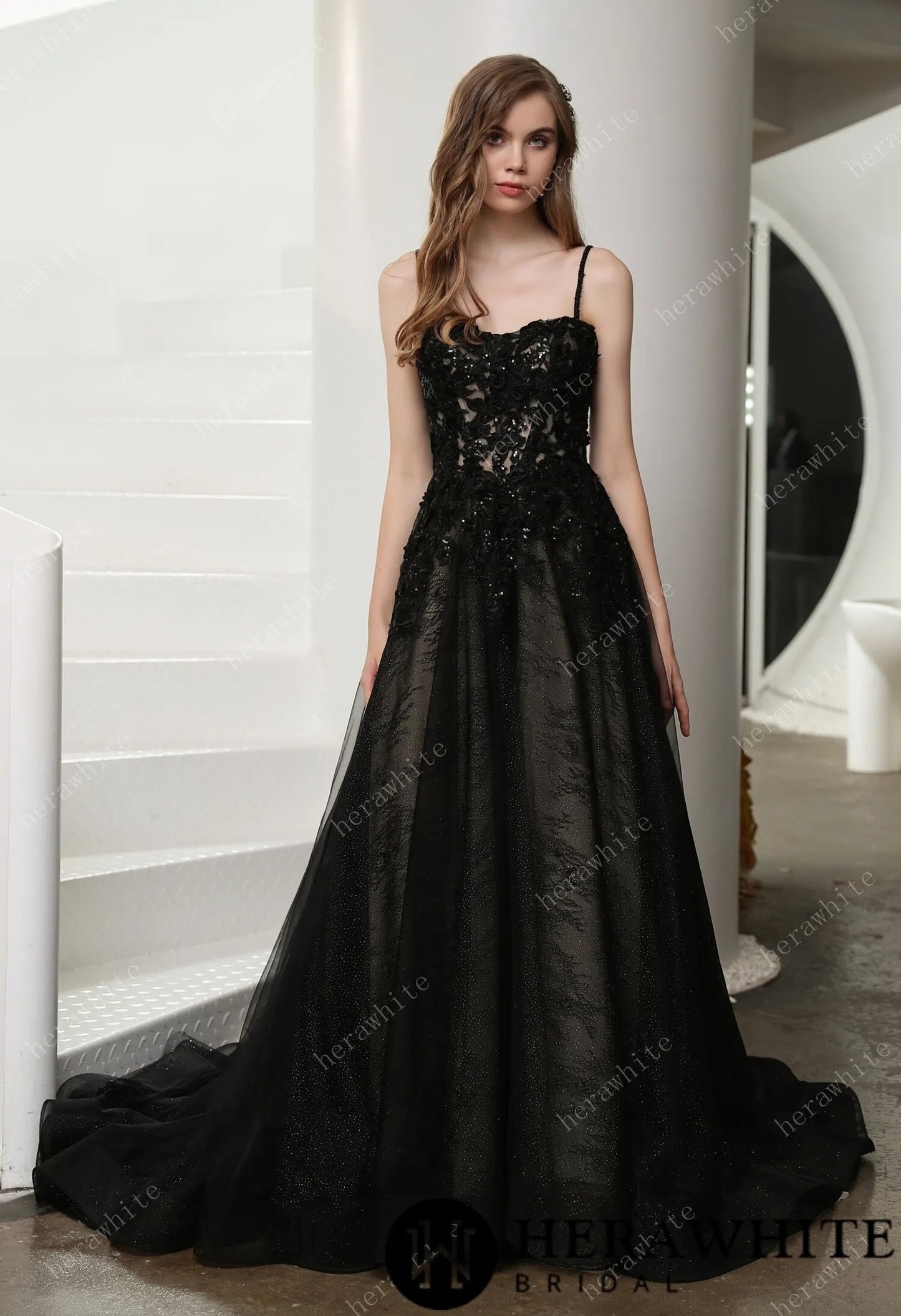 Gothic Black Illusion Lace Wedding Dress with Detachable Long Sleeves Aline Sparkle Dress Black and Nude Straps Sweetheart Neckline