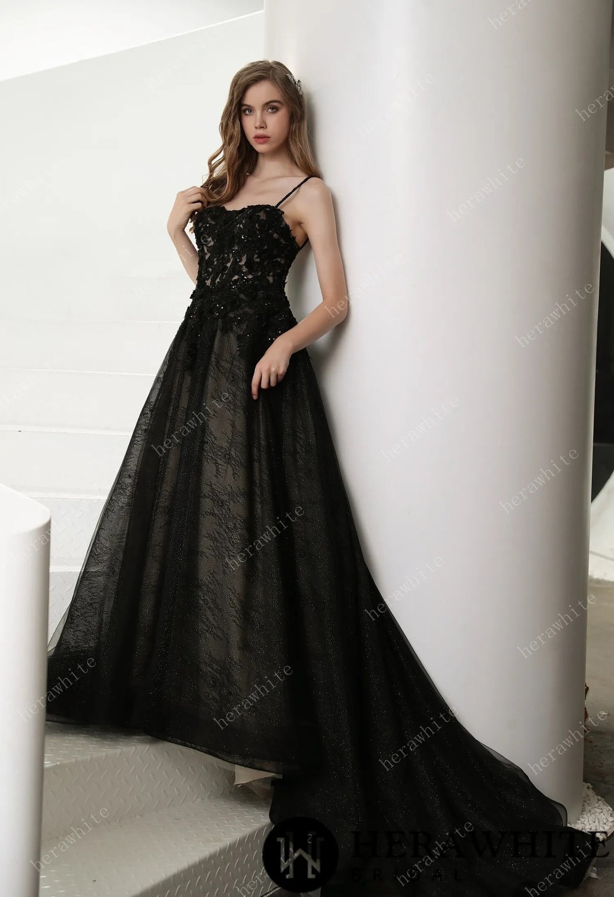 Gothic Black Illusion Lace Wedding Dress with Detachable Long Sleeves Aline Sparkle Dress Black and Nude Straps Sweetheart Neckline