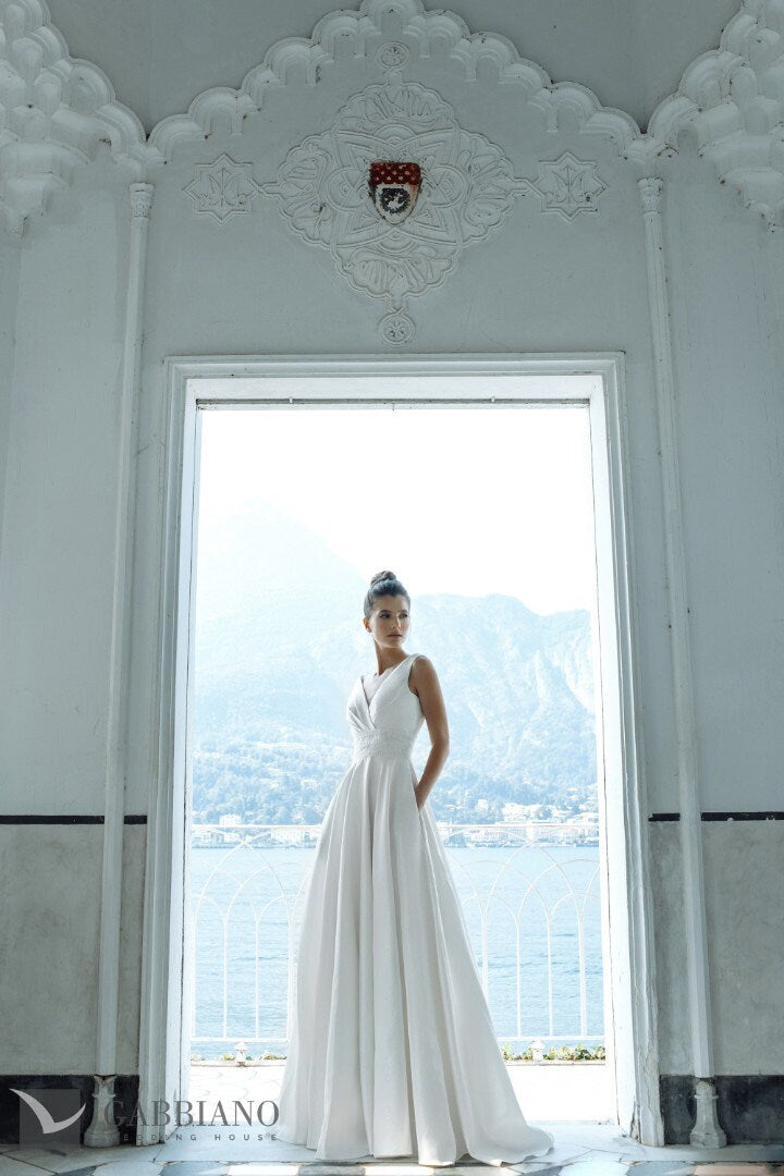 Clssic Satin ALine Sleeveless V Neckline Low Open Back Wedding Dress Bridal Gown Beaded Waist and Pockets
