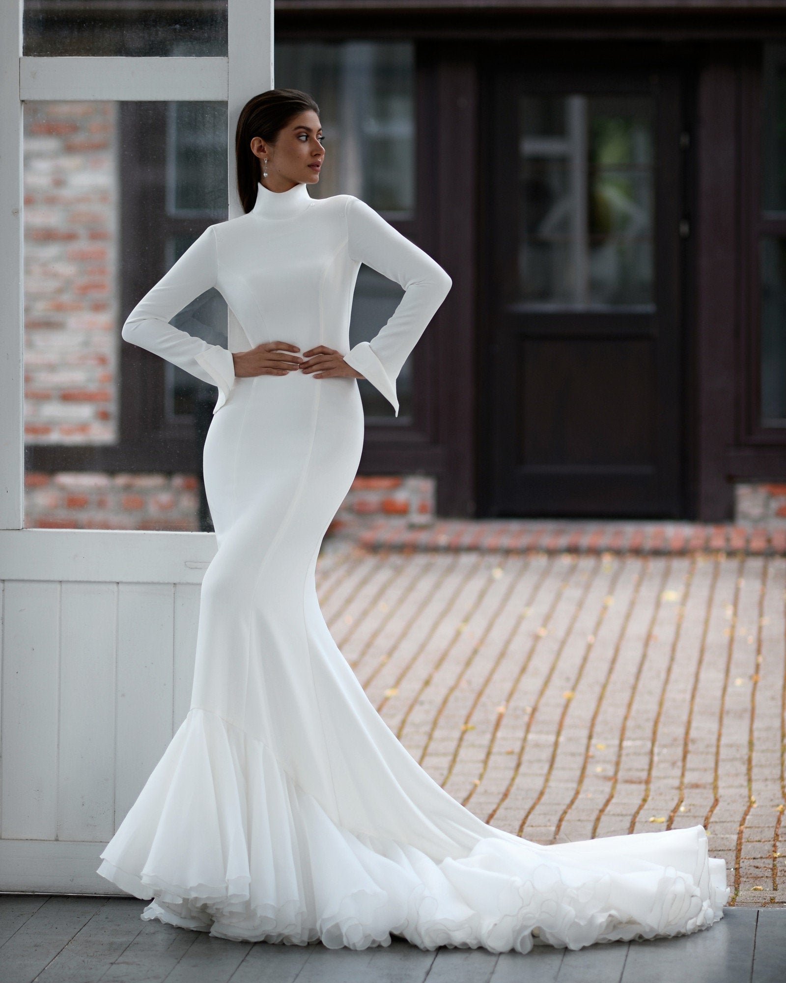 Modest Fitted High Collar Neckline Mermaid Wedding Dress Bridal Gown Ivory Long Sleeve Open Back Minimalist Style with Ruffle Hem Train