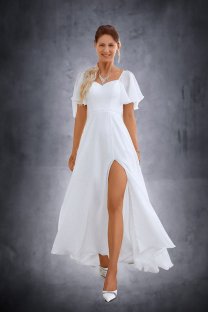 Short Flutter Sleeves Aline Wedding Dress Bridal Gown Sweetheart Neckline Chiffon Dress Flowy Light Weight Side Slit